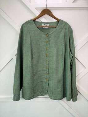 FLAX Linen Jacket Green Button Front Textured Lagenlook USA Generous 1G 18-20